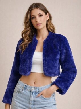 Allegra K Faux Fur Jacket XS purple Cropped Party Coat